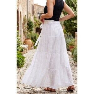 HYFVE Womens L White Tiered Linen Blend Maxi Skirt Boho Free People Like Style ￼